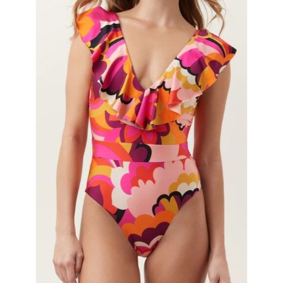 Trina Turk womens size 10 Fan Faire Ruffle Plunge One-Piece Swimsuit New - Picture 2 of 11